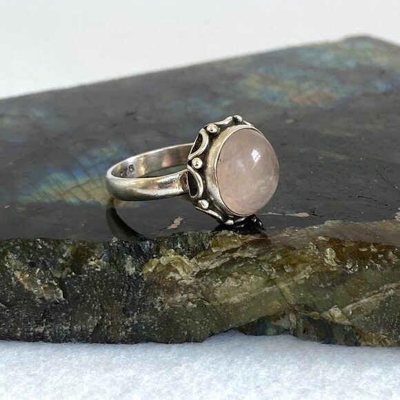 Sterling Silver 925 Round Bezel Set Rose Quartz Cabochon Band Ring Size 6 - Picture 4 of 16